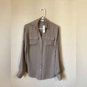 NWT New York & Company Taupe/Tan V-Neck Button Down Shirt Size: XS Chiffon Feel